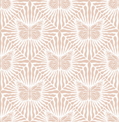 Seamless pattern of elegant butterflies with lines on white background.