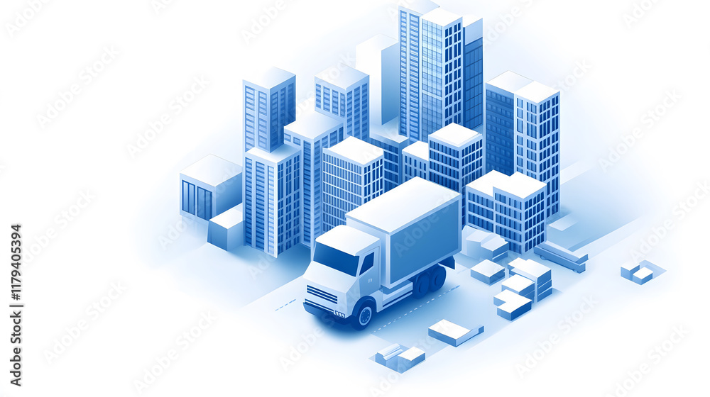 Poster a digital illustration featuring a delivery truck navigating a stylized cityscape with towering buil