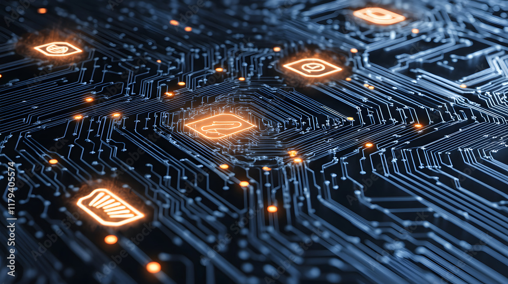 Poster a close-up view of a circuit board with glowing icons, illustrating digital technology and connectiv