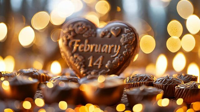 Close-up of a heart-shaped chocolate engraved with "February 14," surrounded by chocolates and golden bokeh lights for Valentine's Day.