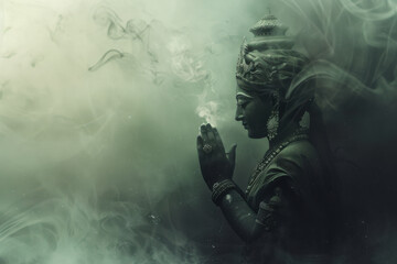 Fototapeta premium horizontal image of lord krishna statue surrounded by smoke during religious celebrations