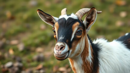 Goat with distinctive markings exploring grassy terrain during a sunny afternoon in a rural area