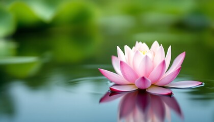 Obraz premium Serene Pink Lotus Flower Blooming on Calm Water Surface in a Tranquil Garden Setting