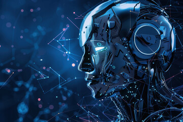horizontal image of a humanoid cyborg in the context of AI agent and futuristic technology