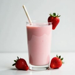 Creamy strawberry milkshake in a glass with a straw on a simple white background, drink , food