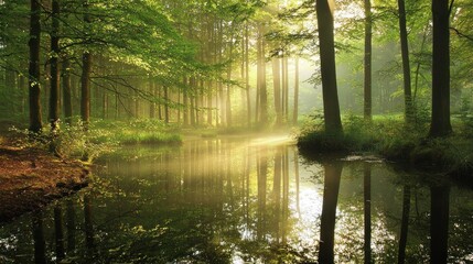 Obraz premium Enchanted Forest Stream: A Serene Morning in Nature's Embrace