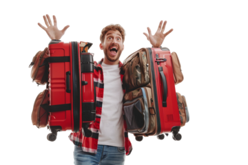 Energetic Traveler with Luggage, Filled with Wanderlust Isolated on Transparent Background