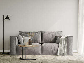 a couch with pillows and a lamp on it