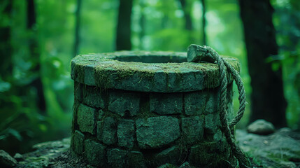 Fototapeta premium Forgotten Stone Well Surrounded by Dense Forest Terrain and Lush Greenery
