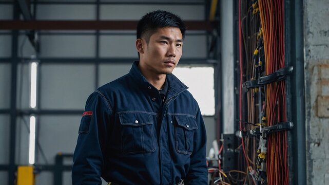 East Asian electrician focused on wiring solutions in an industrial workshop during the day with intricate electrical setups surrounding him