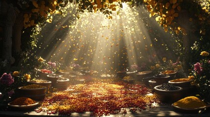 Vibrant Spices Display Under Rays of Light Surrounded by Flowers