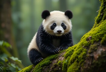 Inquisitive Panda Cub on a Mossy Log