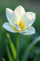 Fototapeta premium Delicate white petals unfolding on a green stem, with a subtle yellow center and intricate details , detail, botanical