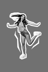 Photo collage poster sticker artwork dancing youngster excited positive woman celebrate wear summertime outfit isolated on orange color background