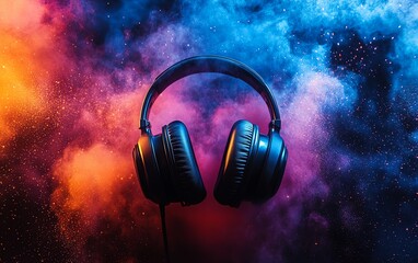 Black headphones with a colorful dust explosion in the background, dynamic and striking design, capturing the essence of music and technology for a banner