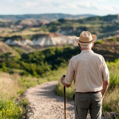 Healthy aging support concept. A man hiking on a scenic trail surrounded by lush hills.