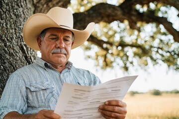 Tax with local concept. A man in a cowboy hat reading papers under a tree.