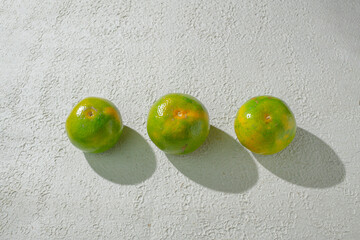 Green orange gradient citrus fruit isolated on a textured white background, showcasing its vibrant color transition