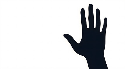 Obraz premium Close-up silhouette of a raised hand, the fingers are extended, and the palm is facing outward, in a plain white background with copy space