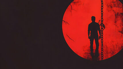 A silhouetted figure of a man, stands centrally within the red circle, a vertical chain is extending from the top to the bottom of the image, human trafficking related image