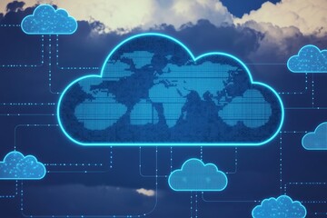 Cloud computing with ecosystem concept. Digital cloud computing concept with data connections and blue outlines.