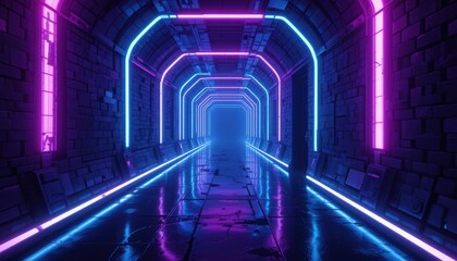 Fototapeta premium A neon-lit tunnel stretches into the distance, featuring glowing pink and blue lights against textured walls. The shiny floor reflects the vibrant hues, enhancing the otherworldly atmosphere