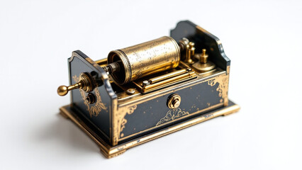 Vintage-style music box with a mechanical cylinder displayed on a clean white background.