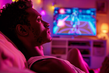 Obraz premium Generative AI Image of a Person Watching a Movie at Home with Vibrant Cinema Ambiance