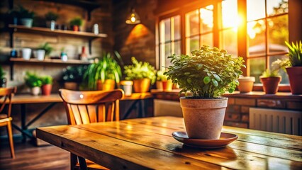 Cozy Indoor Scene: Wooden Table, Potted Plant, Warm Lighting, Home Decor, Still Life Photography
