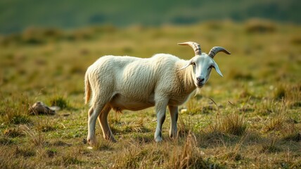 Obraz premium Goat standing calmly on a grassy field under a clear sky during daylight hours