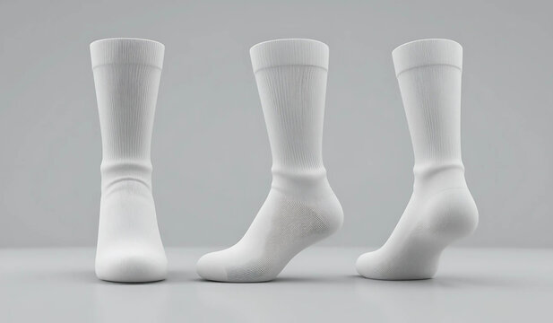 Three white socks on a gray background.