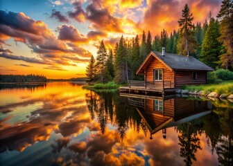 Fototapeta premium Cozy Lake Cabin Sunset - Peaceful Lakeside Retreat Stock Photo
