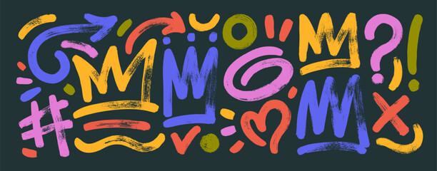 Colorful naive brush drawn crowns, squiggles and arrows. Funky hearts and hand drawn geometric figures. © Anastasiia Hevko