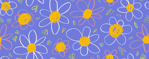 Cute doodle daisy flowers seamless pattern in pastel colored. Hand drawn chamomile blossoms drawn with crayon.