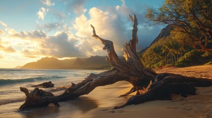 Sunset beach driftwood, tropical landscape, ocean waves, mountains