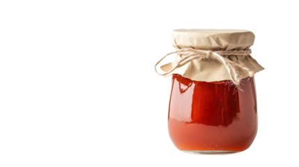 A glass jar of homemade red jam with a brown paper lid and twine tied around it, isolated on a white background