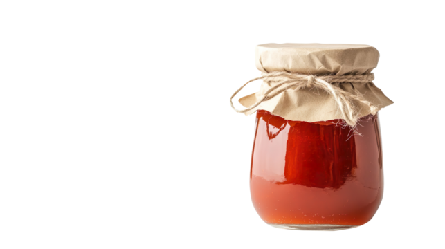 A glass jar of homemade red jam with a brown paper lid and twine tied around it, isolated on a white background