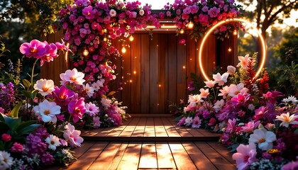 Fototapeta premium Enchanting Floral Garden Scene at Sunset: Wooden Deck, Pink Flowers, and Glowing Lights