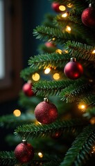 Obraz premium Warmly lit Tannenbaum (fir tree) with sparkling ornaments, evergreen, fir tree, holiday