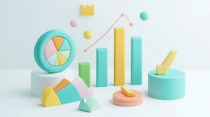 3D Icon of Interactive Chart with Bar and Pie Graphs in Cute Toy-Like Style, Teal Blue
