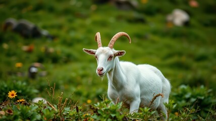 Obraz premium White goat grazing in a lush green meadow surrounded by wildflowers in a scenic landscape