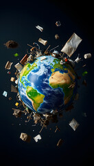 Earth globe with waste, trash, garbage flying around. Polluted planet. Eco problem, environment danger concept, enhance, with white tones