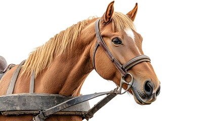 Fototapeta premium A strong horse pulling a plow in a field, symbolizing hard work and rural life amidst a vibrant, earthy landscape.