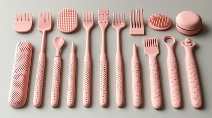 Pink grooming tools arranged on a gray surface; various shapes and sizes; modern design aesthetic.
