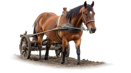 A strong horse pulling a plow in a sunlit field, symbolizing hard work and connection to agriculture, surrounded by rich earth tones.