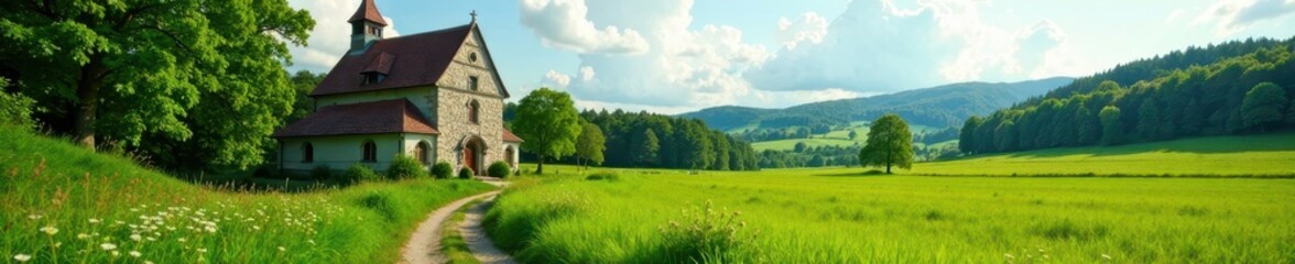 Fototapeta premium Lush greenery and historic church in rural setting , religious, chapel