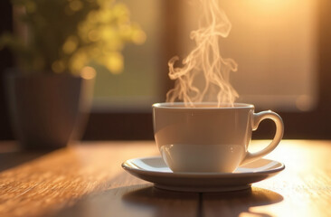 Glass cup of steaming hot coffee in the morning on a wooden table.