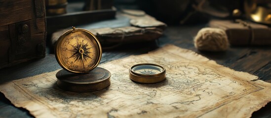 aged brass antique nautical compass on table with old treasure map