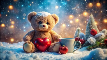 Cozy Winter Teddy Bear with Heart Mug: Cute Holiday Stock Photo