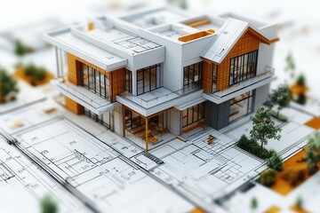 architectural visualization combining 3d building models with technical blueprints and construction engineering elements